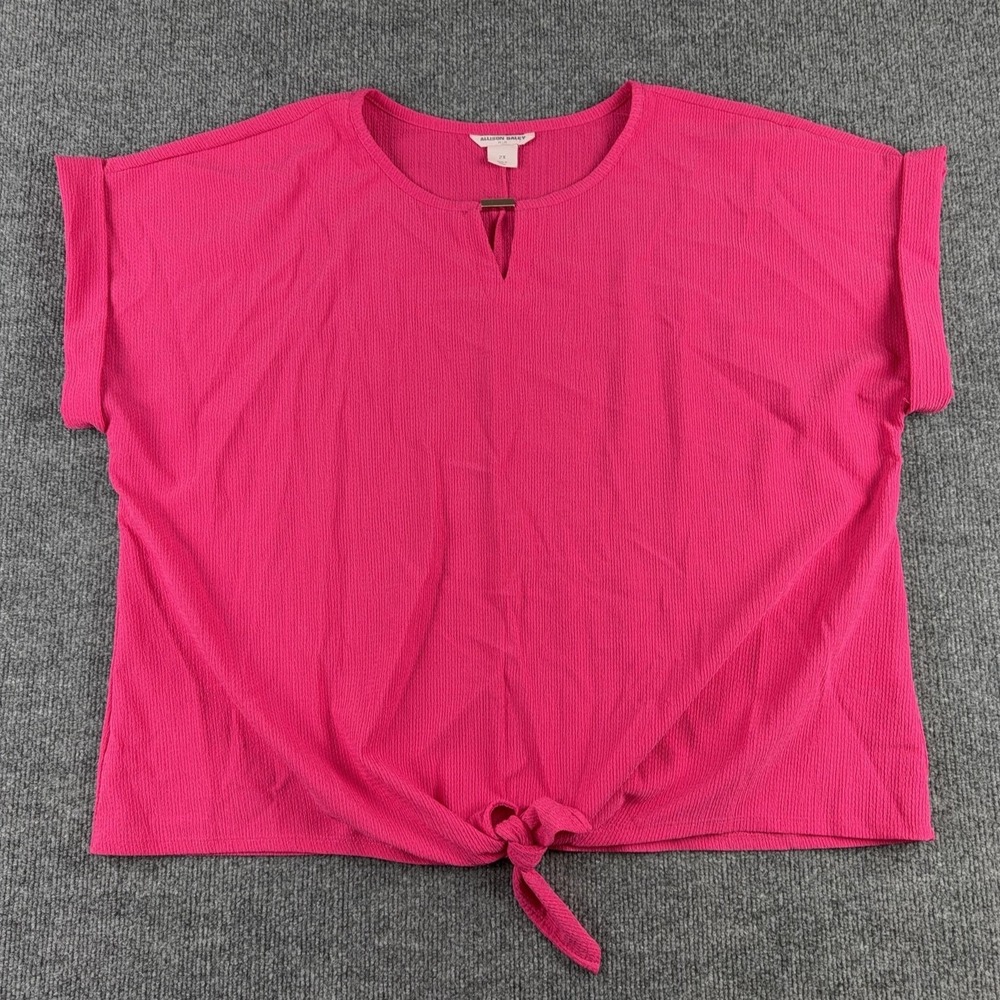 Allison Daley Shirt Womens 2X Pink Keyhole Tie Front Short Sleeve Knit Top
